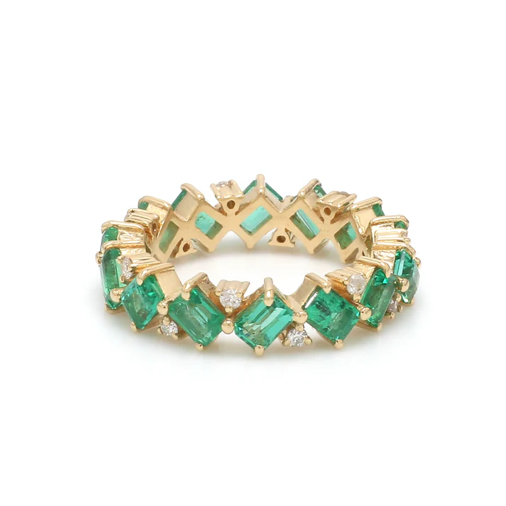 Emerald and Diamond Octagon Diagonal Ring