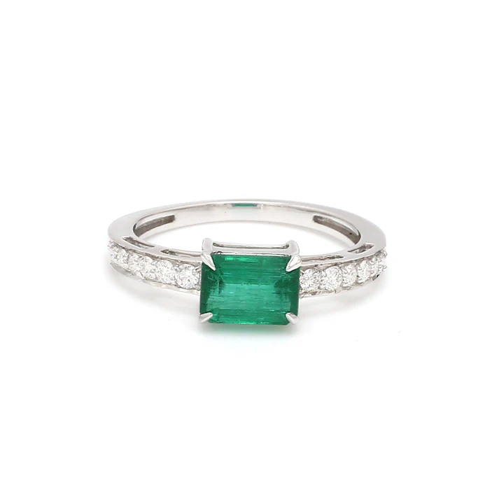 Emerald Diamond Octagon Prong Set East West Ring